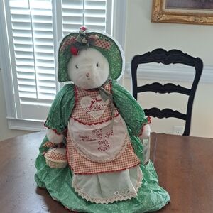 Vintage Style White Bear Doll in Green Bonnet Dress